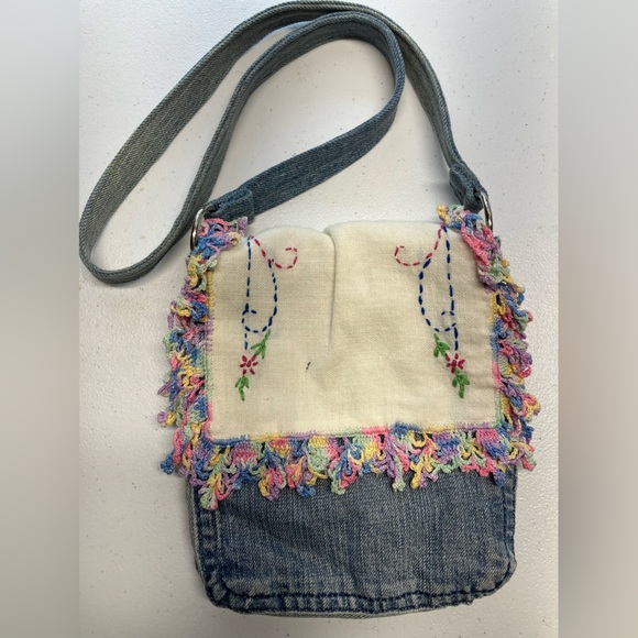 Handmade Upcycled Denim Purse, Shoulder Strap, Doilie Flap Cover - Picture 3 of 5